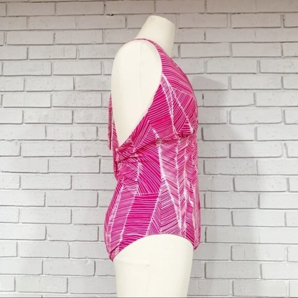 DKNY Pink White Geometric V-Neck Halter Swimsuit One Piece Resort Vacation 14 - Picture 9 of 10